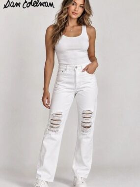 Sam Edelman Yaro White Distressed High Rise Straight Leg Jeans Size 28